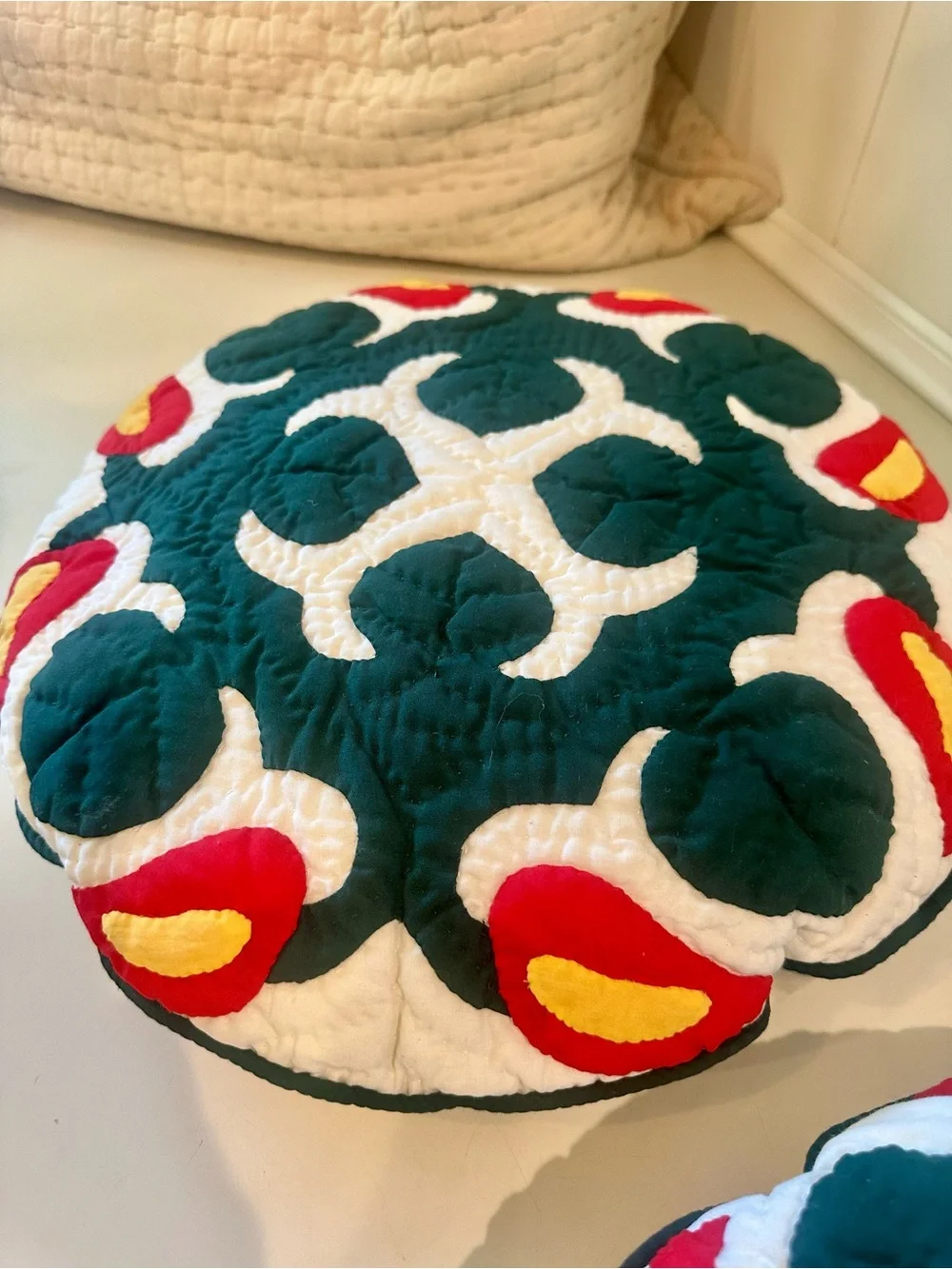 Handmade Quilted Round Quilted Throw Pillow Pair in Dark Green, White & Red